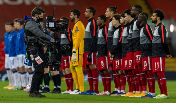 LIVERPOOL, ENGLAND - Wednesday, November 25, 2020: A television steadycam camera films the Liverpool players as they line-up before the UEFA Champions League Group D match between Liverpool FC and Atalanta BC at Anfield. Atalanta won 2-0. (Pic by David Rawcliffe/Propaganda)