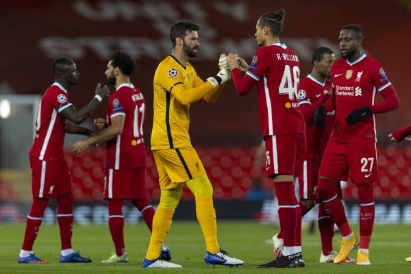 LIVERPOOL, ENGLAND - Wednesday, November 25, 2020: Liverpool's goalkeeper Alisson Becker (L) fist bumps Rhys Williams before the UEFA Champions League Group D match between Liverpool FC and Atalanta BC at Anfield. Atalanta won 2-0. (Pic by David Rawcliffe/Propaganda)