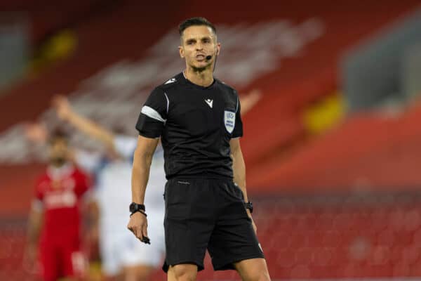 LIVERPOOL, ENGLAND - Wednesday, November 25, 2020: Referee Carlos Del Cerro Grande during the UEFA Champions League Group D match between Liverpool FC and Atalanta BC at Anfield. Atalanta won 2-0. (Pic by David Rawcliffe/Propaganda)