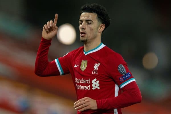 LIVERPOOL, ENGLAND - Wednesday, November 25, 2020: Liverpool's Curtis Jones during the UEFA Champions League Group D match between Liverpool FC and Atalanta BC at Anfield. Atalanta won 2-0. (Pic by David Rawcliffe/Propaganda)