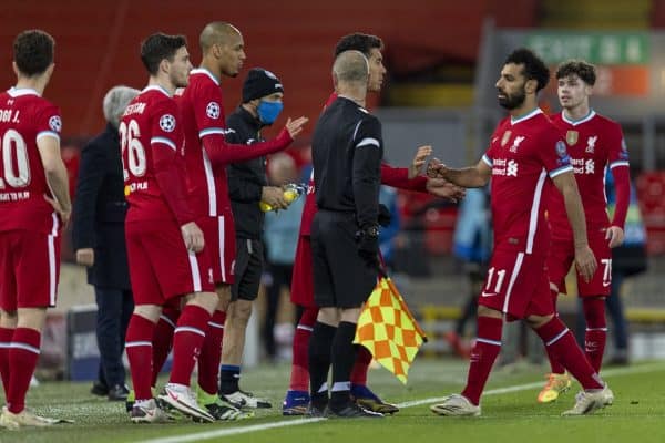 LIVERPOOL, ENGLAND - Wednesday, November 25, 2020: Liverpool's Mohamed Salah is substituted as Liverpool make four changes at once during the UEFA Champions League Group D match between Liverpool FC and Atalanta BC at Anfield. Atalanta won 2-0. (Pic by David Rawcliffe/Propaganda)