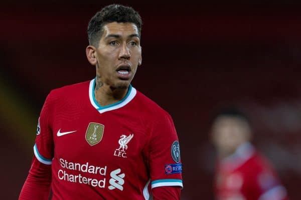 LIVERPOOL, ENGLAND - Wednesday, November 25, 2020: Liverpool's Roberto Firmino during the UEFA Champions League Group D match between Liverpool FC and Atalanta BC at Anfield. Atalanta won 2-0. (Pic by David Rawcliffe/Propaganda)