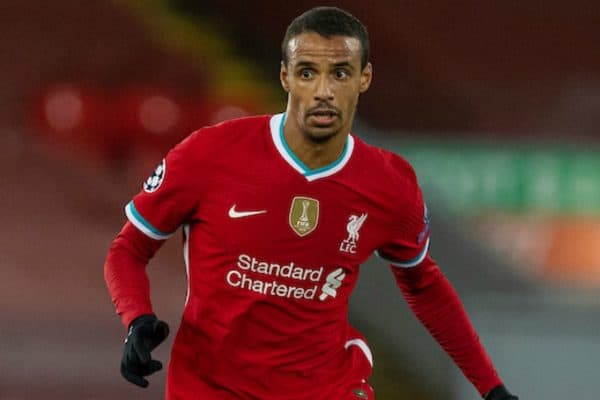 LIVERPOOL, ENGLAND - Wednesday, November 25, 2020: Liverpool's Joel Matip during the UEFA Champions League Group D match between Liverpool FC and Atalanta BC at Anfield. Atalanta won 2-0. (Pic by David Rawcliffe/Propaganda)