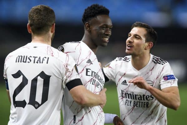 MOLDE, NORWAY - Thursday, November 26, 2020: Arsenal's Folarin Balogun (C) celebrates after scoring the third goal with team-mate Dani Ceballos (R) during the UEFA Europa League Group B match between Molde FK and Arsenal FC at the Molde Stadion. Arsenal won 3-0. (Pic by Marius Simensen/Bildbryån/Propaganda)