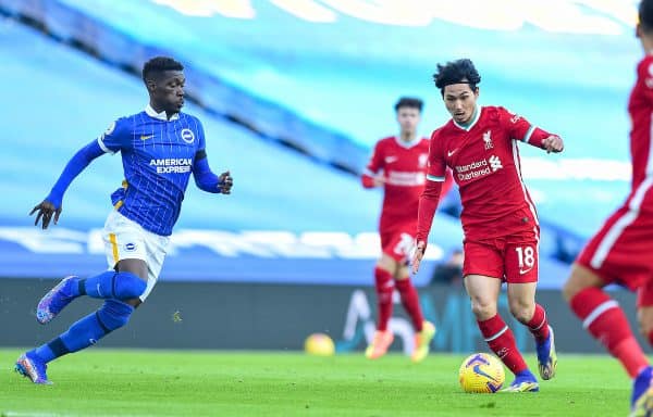 BRIGHTON & HOVE, ENGLAND - Saturday, November 28, 2020: Liverpool's Takumi Minamino during the FA Premier League match between Brighton & Hove Albion FC and Liverpool FC at the AMEX Stadium. The game was played behind closed doors due to the UK government’s social distancing laws during the Coronavirus COVID-19 Pandemic. (Pic by Propaganda)