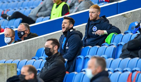 BRIGHTON & HOVE, ENGLAND - Saturday, November 28, 2020: Brighton & Hove Albion's substitute Adam Lallana on the bench during the FA Premier League match between Brighton & Hove Albion FC and Liverpool FC at the AMEX Stadium. The game was played behind closed doors due to the UK government’s social distancing laws during the Coronavirus COVID-19 Pandemic. (Pic by Propaganda)