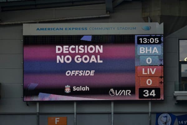 BRIGHTON & HOVE, ENGLAND - Saturday, November 28, 2020: VAR review disallows Liverpool's opening goal during the FA Premier League match between Brighton & Hove Albion FC and Liverpool FC at the AMEX Stadium. The game was played behind closed doors due to the UK government’s social distancing laws during the Coronavirus COVID-19 Pandemic. (Pic by Propaganda)