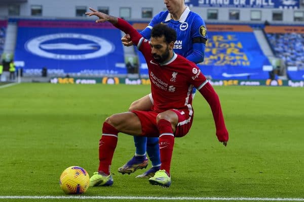 BRIGHTON & HOVE, ENGLAND - Saturday, November 28, 2020: Liverpool's Mohamed Salah during the FA Premier League match between Brighton & Hove Albion FC and Liverpool FC at the AMEX Stadium. The game was played behind closed doors due to the UK government’s social distancing laws during the Coronavirus COVID-19 Pandemic. (Pic by Propaganda)