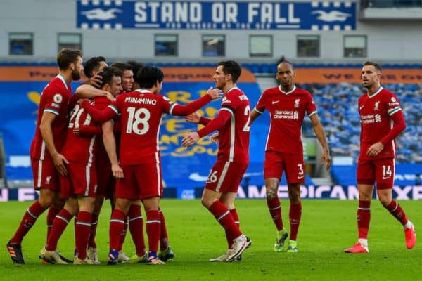 BRIGHTON & HOVE, ENGLAND - Saturday, November 28, 2020: Liverpool's Diogo Jota celebrates with team-mates after scoring the first goal during the FA Premier League match between Brighton & Hove Albion FC and Liverpool FC at the AMEX Stadium. The game was played behind closed doors due to the UK government’s social distancing laws during the Coronavirus COVID-19 Pandemic. (Pic by Propaganda)