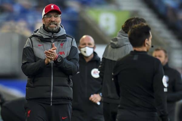 BRIGHTON & HOVE, ENGLAND - Saturday, November 28, 2020: Liverpool's manager Jürgen Klopp appaluds the assistant referee during the FA Premier League match between Brighton & Hove Albion FC and Liverpool FC at the AMEX Stadium. The game was played behind closed doors due to the UK government’s social distancing laws during the Coronavirus COVID-19 Pandemic. (Pic by Propaganda)