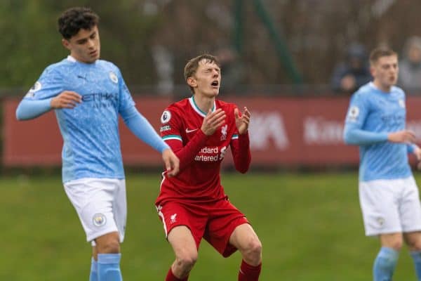 KIRKBY, ENGLAND - Saturday, November 28, 2020: Liverpool's Tom Clayton looks dejected after missing a chance during the Premier League 2 Division 1 match between Liverpool FC Under-23's and Manchester City FC Under-23's at the Liverpool Academy. (Pic by David Rawcliffe/Propaganda)