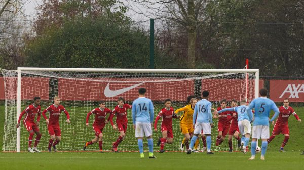 KIRKBY, ENGLAND - Saturday, November 28, 2020: Manchester City's Tommy Doyle (#8) scores the seventh goal from a free-kick inside the Liverpool penalty area during the Premier League 2 Division 1 match between Liverpool FC Under-23's and Manchester City FC Under-23's at the Liverpool Academy. Manchester City won 7-2. (Pic by David Rawcliffe/Propaganda)