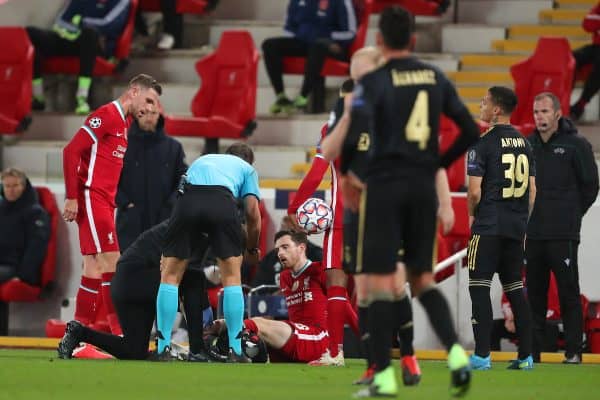 LIVERPOOL, ENGLAND - Tuesday, December 1, 2020: Liverpool’s Andy Robertson during the UEFA Champions League Group D match between Liverpool FC and AFC Ajax at Anfield. (Pic by Paul Greenwood/Propaganda)