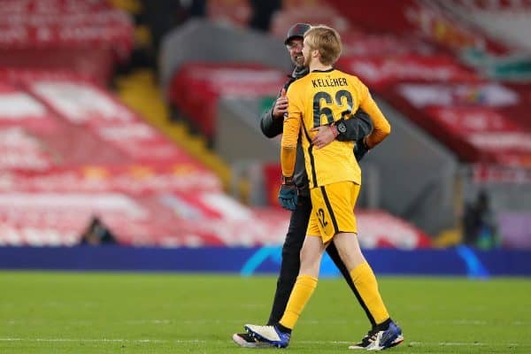 LIVERPOOL, ENGLAND - Tuesday, December 1, 2020: Liverpool’s manager Jürgen Klopp hugs goalkeeper Caoimhin Kelleher after the UEFA Champions League Group D match between Liverpool FC and AFC Ajax at Anfield. (Pic by Paul Greenwood/Propaganda)