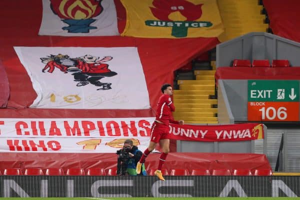 LIVERPOOL, ENGLAND - Tuesday, December 1, 2020: Liverpool’s Curtis Jones celebrates scoring his sides first goal during the UEFA Champions League Group D match between Liverpool FC and AFC Ajax at Anfield. (Pic by Paul Greenwood/Propaganda)
