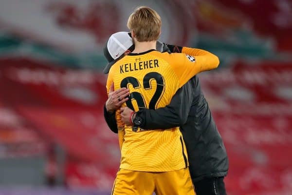 LIVERPOOL, ENGLAND - Tuesday, December 1, 2020: Liverpool’s manager Jürgen Klopp hugs goalkeeper Caoimhin Kelleher after the UEFA Champions League Group D match between Liverpool FC and AFC Ajax at Anfield. (Pic by Paul Greenwood/Propaganda)