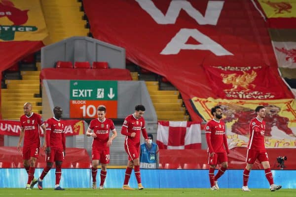 LIVERPOOL, ENGLAND - Tuesday, December 1, 2020: Liverpool’s Curtis Jones celebrates scoring his sides first goal during the UEFA Champions League Group D match between Liverpool FC and AFC Ajax at Anfield. (Pic by Paul Greenwood/Propaganda)