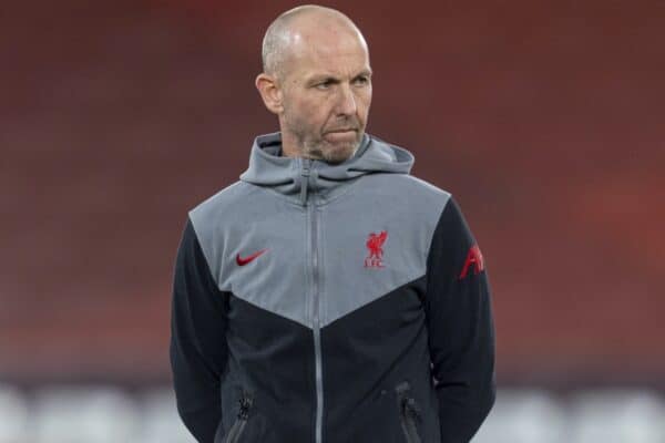 LIVERPOOL, ENGLAND - Tuesday, December 1, 2020: Liverpool's first team kit-man Lee Radcliffe during the pre-match warm-up before the UEFA Champions League Group D match between Liverpool FC and AFC Ajax at Anfield. Liverpool won 1-0 to win the group and progress to the Round of 16. (Pic by David Rawcliffe/Propaganda)