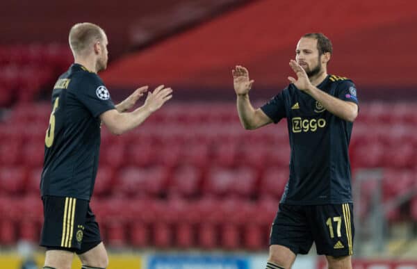 LIVERPOOL, ENGLAND - Tuesday, December 1, 2020: Ajax’s Daley Blind (R) and Davy Klaassen before the UEFA Champions League Group D match between Liverpool FC and AFC Ajax at Anfield. Liverpool won 1-0 to win the group and progress to the Round of 16. (Pic by Paul Greenwood/Propaganda)