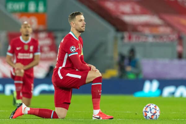 LIVERPOOL, ENGLAND - Tuesday, December 1, 2020: Liverpool’s captain Jordan Henderson kneels down (takes a knee) in support of the Black Lives Matter movement before the UEFA Champions League Group D match between Liverpool FC and AFC Ajax at Anfield. Liverpool won 1-0 to win the group and progress to the Round of 16. (Pic by Paul Greenwood/Propaganda)