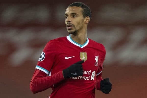 LIVERPOOL, ENGLAND - Tuesday, December 1, 2020: Liverpool's Joel Matip during the UEFA Champions League Group D match between Liverpool FC and AFC Ajax at Anfield. Liverpool won 1-0 to win the group and progress to the Round of 16. (Pic by David Rawcliffe/Propaganda)