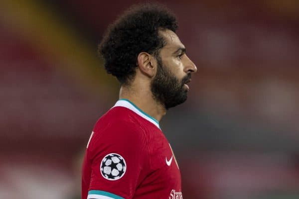 LIVERPOOL, ENGLAND - Tuesday, December 1, 2020: Liverpool’s Mohamed Salah during the UEFA Champions League Group D match between Liverpool FC and AFC Ajax at Anfield. Liverpool won 1-0 to win the group and progress to the Round of 16. (Pic by Paul Greenwood/Propaganda)