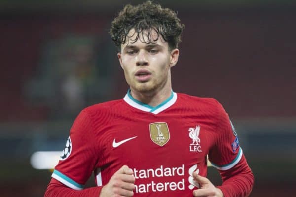 LIVERPOOL, ENGLAND - Tuesday, December 1, 2020: Liverpool's Neco Williams during the UEFA Champions League Group D match between Liverpool FC and AFC Ajax at Anfield. Liverpool won 1-0 to win the group and progress to the Round of 16. (Pic by David Rawcliffe/Propaganda)