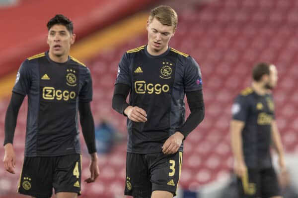 LIVERPOOL, ENGLAND - Tuesday, December 1, 2020: Ajax’s Perr Schuurs (R) and Edson Álvarez look dejected during the UEFA Champions League Group D match between Liverpool FC and AFC Ajax at Anfield. Liverpool won 1-0 to win the group and progress to the Round of 16. (Pic by Paul Greenwood/Propaganda)