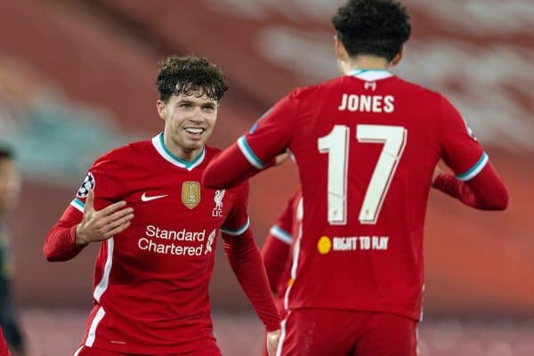 LIVERPOOL, ENGLAND - Tuesday, December 1, 2020: Liverpool's Curtis Jones (R) celebrates with team-mate Neco Williams after scoring the only goal of the game during the UEFA Champions League Group D match between Liverpool FC and AFC Ajax at Anfield. Liverpool won 1-0 to win the group and progress to the Round of 16. (Pic by David Rawcliffe/Propaganda)