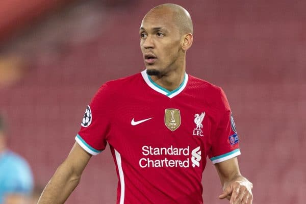 LIVERPOOL, ENGLAND - Tuesday, December 1, 2020: Liverpool’s Fabio Henrique Tavares 'Fabinho' during the UEFA Champions League Group D match between Liverpool FC and AFC Ajax at Anfield. Liverpool won 1-0 to win the group and progress to the Round of 16. (Pic by Paul Greenwood/Propaganda)