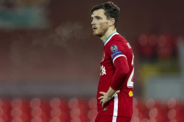 LIVERPOOL, ENGLAND - Tuesday, December 1, 2020: Liverpool's Andy Robertson during the UEFA Champions League Group D match between Liverpool FC and AFC Ajax at Anfield. Liverpool won 1-0 to win the group and progress to the Round of 16. (Pic by David Rawcliffe/Propaganda)