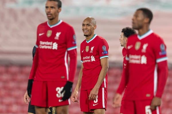 LIVERPOOL, ENGLAND - Tuesday, December 1, 2020: Liverpool’s Fabio Henrique Tavares 'Fabinho' during the UEFA Champions League Group D match between Liverpool FC and AFC Ajax at Anfield. Liverpool won 1-0 to win the group and progress to the Round of 16. (Pic by Paul Greenwood/Propaganda)