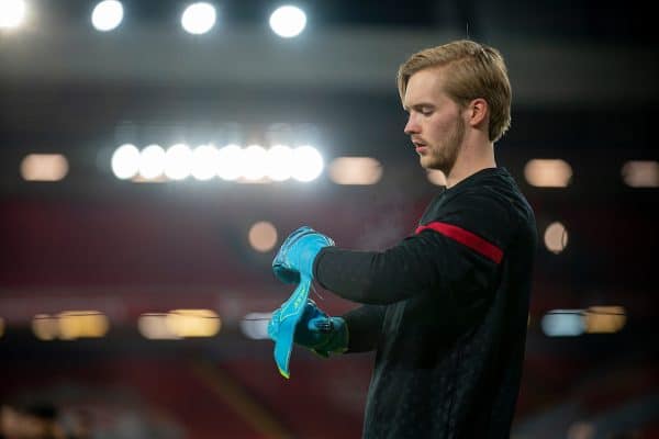 LIVERPOOL, ENGLAND - Sunday, December 6, 2020: Liverpool's goalkeeper Caoimhin Kelleher during the pre-match warm-up before the FA Premier League match between Liverpool FC and Wolverhampton Wanderers FC at Anfield. Liverpool won 4-0. (Pic by David Rawcliffe/Propaganda)