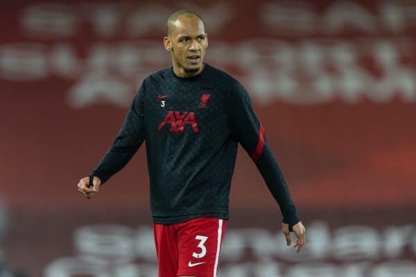 LIVERPOOL, ENGLAND - Sunday, December 6, 2020: Liverpool's Fabio Henrique Tavares 'Fabinho' during the pre-match warm-up before the FA Premier League match between Liverpool FC and Wolverhampton Wanderers FC at Anfield. Liverpool won 4-0. (Pic by David Rawcliffe/Propaganda)