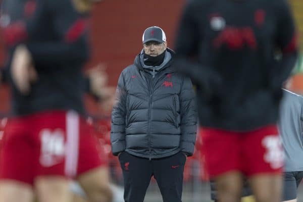 LIVERPOOL, ENGLAND - Sunday, December 6, 2020: Liverpool's manager Jürgen Klopp during the pre-match warm-up before the FA Premier League match between Liverpool FC and Wolverhampton Wanderers FC at Anfield. Liverpool won 4-0. (Pic by David Rawcliffe/Propaganda)