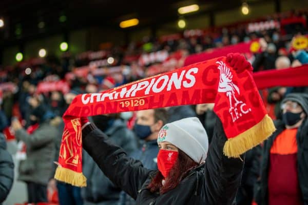 LIVERPOOL, ENGLAND - Sunday, December 6, 2020: Liverpool supporters on the Spion Kop sing "You'll Never Walk Alone" before the FA Premier League match between Liverpool FC and Wolverhampton Wanderers FC at Anfield. Liverpool won 4-0. (Pic by David Rawcliffe/Propaganda)