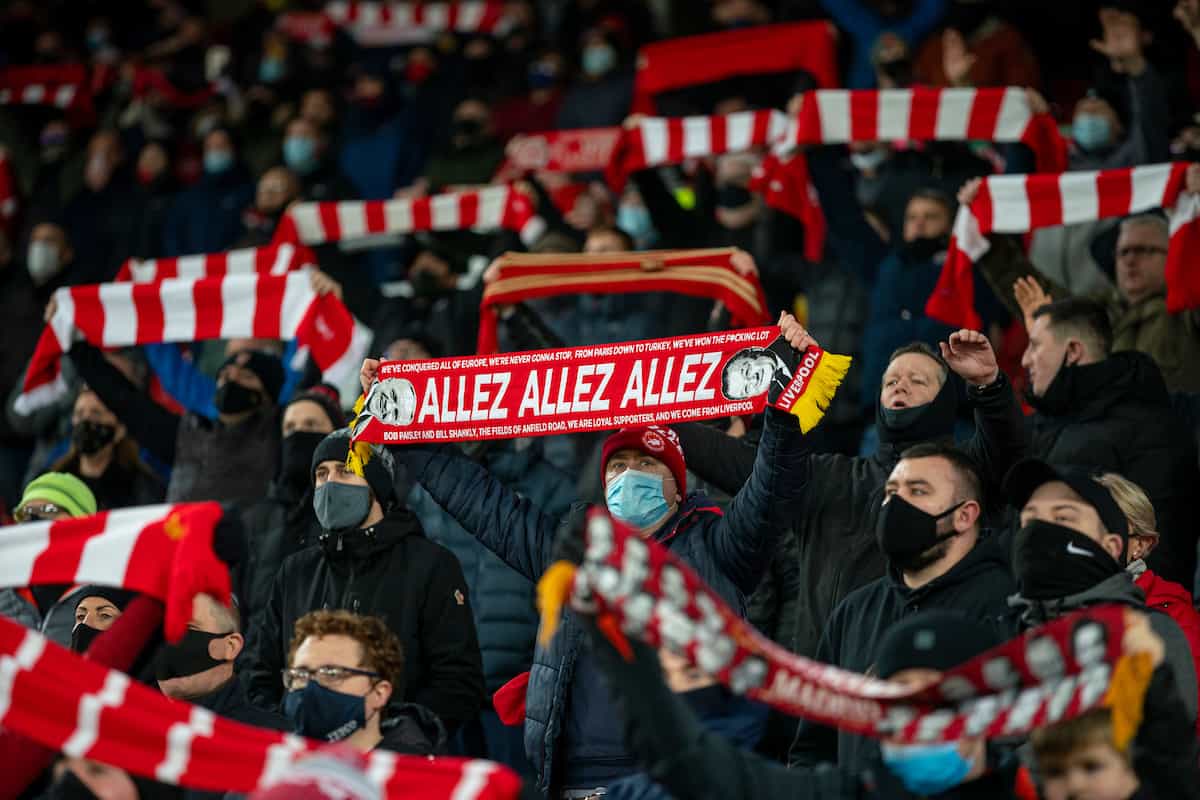 LIVERPOOL, ENGLAND - Sunday, December 6, 2020: Liverpool supporters on the Spion Kop sing "You'll Never Walk Alone" before the FA Premier League match between Liverpool FC and Wolverhampton Wanderers FC at Anfield. Liverpool won 4-0. (Pic by David Rawcliffe/Propaganda)