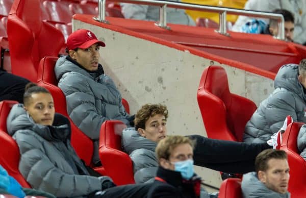 LIVERPOOL, ENGLAND - Sunday, December 6, 2020: Liverpool's injured defender Virgil van Dijk watches from the stands during the FA Premier League match between Liverpool FC and Wolverhampton Wanderers FC at Anfield. Liverpool won 4-0. (Pic by David Rawcliffe/Propaganda)