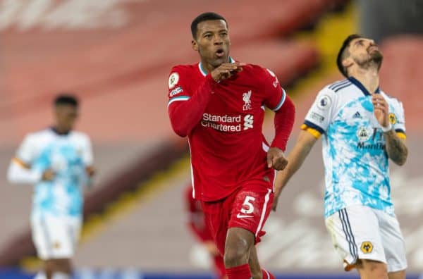 LIVERPOOL, ENGLAND - Sunday, December 6, 2020: Liverpool's Georginio Wijnaldum celebrates after scoring the second goal during the FA Premier League match between Liverpool FC and Wolverhampton Wanderers FC at Anfield. Liverpool won 4-0. (Pic by David Rawcliffe/Propaganda)