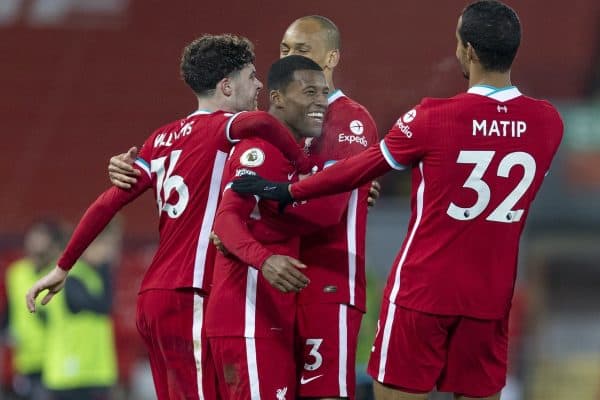 LIVERPOOL, ENGLAND - Sunday, December 6, 2020: Liverpool's Georginio Wijnaldum (2nd from L) celebrates after scoring the second goal during the FA Premier League match between Liverpool FC and Wolverhampton Wanderers FC at Anfield. Liverpool won 4-0. (Pic by David Rawcliffe/Propaganda)