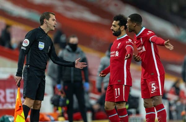 LIVERPOOL, ENGLAND - Sunday, December 6, 2020: Liverpool's Mohamed Salah and Georginio Wijnaldum remonstrate with the assistant referee during the FA Premier League match between Liverpool FC and Wolverhampton Wanderers FC at Anfield. Liverpool won 4-0. (Pic by David Rawcliffe/Propaganda)