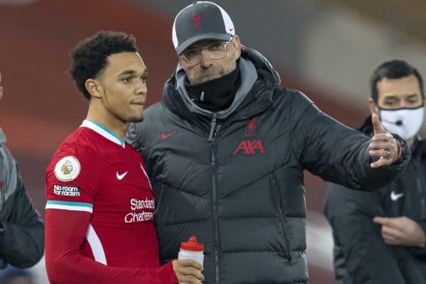 LIVERPOOL, ENGLAND - Sunday, December 6, 2020: Liverpool's manager Jürgen Klopp prepares to bring on substitute Trent Alexander-Arnold during the FA Premier League match between Liverpool FC and Wolverhampton Wanderers FC at Anfield. Liverpool won 4-0. (Pic by David Rawcliffe/Propaganda)