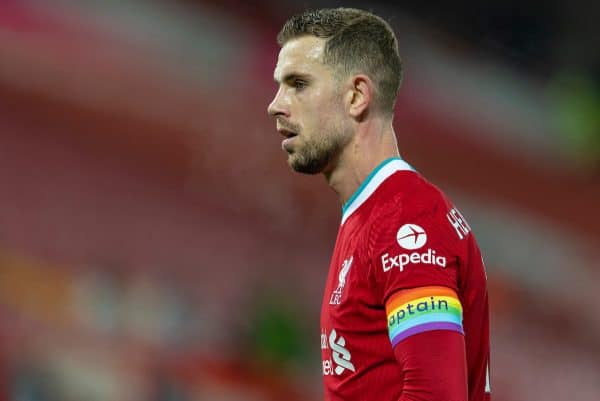 LIVERPOOL, ENGLAND - Sunday, December 6, 2020: Liverpool's captain Jordan Henderson, wearing a rainbow armband, during the FA Premier League match between Liverpool FC and Wolverhampton Wanderers FC at Anfield. Liverpool won 4-0. (Pic by David Rawcliffe/Propaganda)