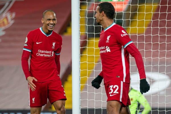 LIVERPOOL, ENGLAND - Sunday, December 6, 2020: Liverpool's Joel Matip celebrates after scoring the third goal during the FA Premier League match between Liverpool FC and Wolverhampton Wanderers FC at Anfield. Liverpool won 4-0. (Pic by David Rawcliffe/Propaganda)