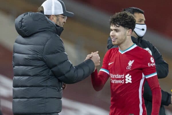 LIVERPOOL, ENGLAND - Sunday, December 6, 2020: Liverpool's Neco Williams shakes hands with manager Jürgen Klopp after being substituted during the FA Premier League match between Liverpool FC and Wolverhampton Wanderers FC at Anfield. Liverpool won 4-0. (Pic by David Rawcliffe/Propaganda)