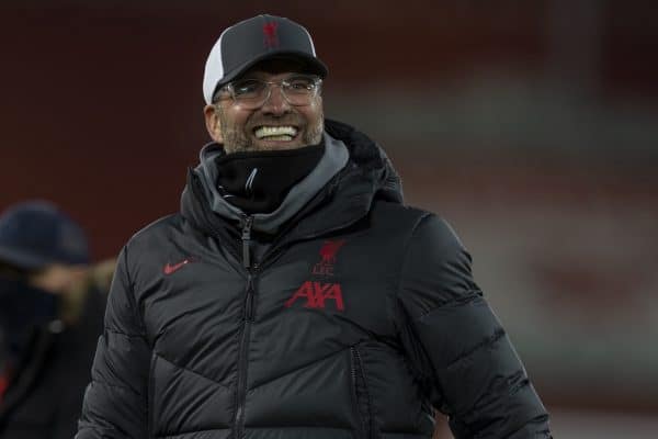 LIVERPOOL, ENGLAND - Sunday, December 6, 2020: Liverpool's manager Jürgen Klopp celebrates after the FA Premier League match between Liverpool FC and Wolverhampton Wanderers FC at Anfield. Liverpool won 4-0. (Pic by David Rawcliffe/Propaganda)