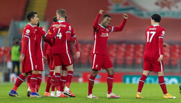 LIVERPOOL, ENGLAND - Sunday, December 6, 2020: Liverpool's Georginio Wijnaldum celebrates after scoring the second goal during the FA Premier League match between Liverpool FC and Wolverhampton Wanderers FC at Anfield. Liverpool won 4-0. (Pic by David Rawcliffe/Propaganda)