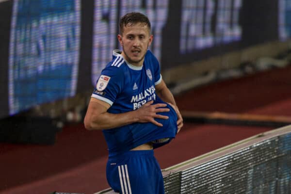 STOKE-ON-TRENT, ENGLAND - Tuesday, December 8, 2020: Cardiff City's Will Vaulks dries the ball with his shirt as he prepares to take a throw-in during the Football League Championship match between Stoke City FC and Cardiff City FC at the Bet365 Stadium. Cardiff City won 2-1. (Pic by David Rawcliffe/Propaganda)