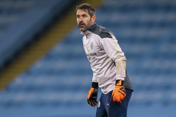 MANCHESTER, ENGLAND - Wednesday, December 9, 2020: Manchester City's goalkeeper Scott Carson during the pre-match warm-up before the UEFA Champions League Group C match between Manchester City FC and Olympique de Marseille at the City of Manchester Stadium. Manchester City won 3-0. (Pic by David Rawcliffe/Propaganda)