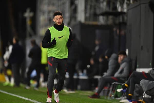 LONDON, ENGLAND - Sunday, December 13, 2020: Liverpool's substitute Alex Oxlade-Chamberlain warms-up during the FA Premier League match between Fulham FC and Liverpool FC at Craven Cottage. (Pic by David Rawcliffe/Propaganda)